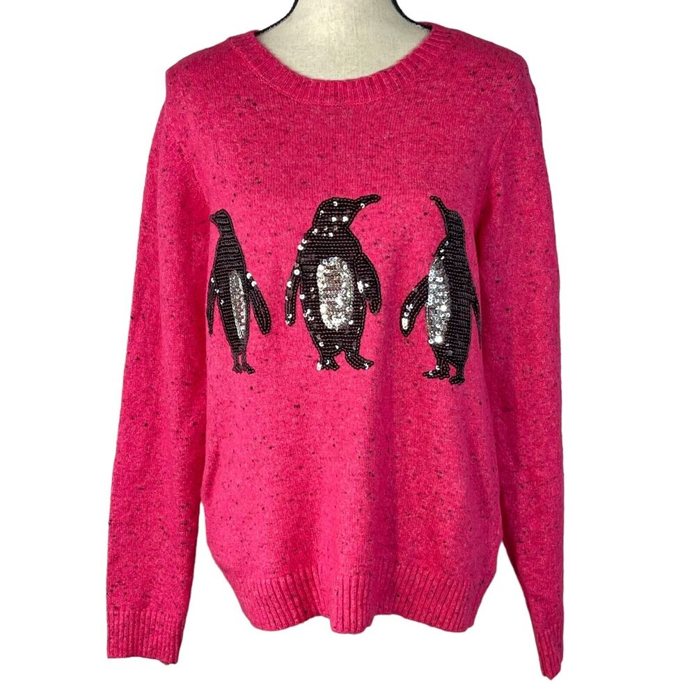 Karen Scott Large Penguin Sweater Sequin Crew Neck Long Sleeve Stretch Pink New